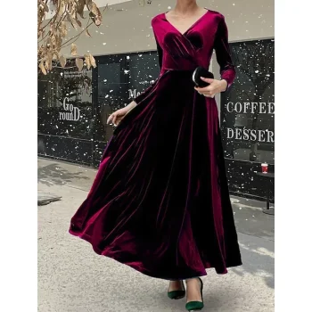 Women's Velvet Dress Prom Dress Green Christmas Party Dress Long Dress Maxi Dress Black Wine Navy Blue Long Sleeve Pure Color Ruched Fall Winter Autumn V Neck
