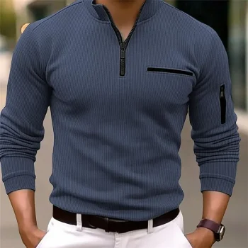 Men's Polo Shirt Zip Polo Casual Holiday Lapel Quarter Zip Long Sleeve Fashion Basic Plain Quarter Zip Summer Spring Regular Fit Dark Navy Brown Green Gray Polo Shirt