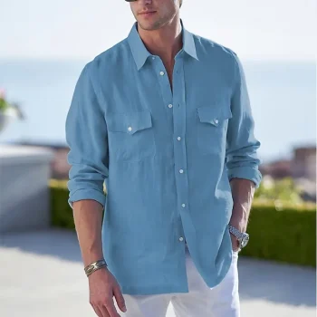 Men's Shirt Linen Shirt Button Up Shirt Beach Shirt Blue Dark Blue Long Sleeve Plain Lapel Spring & Fall Casual Daily Clothing Apparel Front Pocket