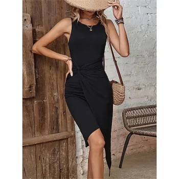 Women's Black Dress Party Dress Cocktail Dress Midi Dress Black Sleeveless Plain Twist Summer Spring Fall Crew Neck Party Winter Dress Wedding Guest Vacation S M L XL