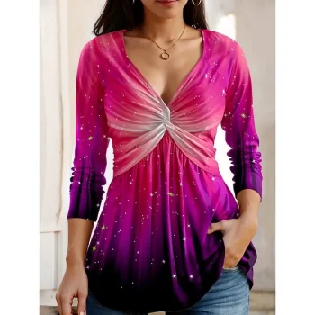 Women's T shirt Tee Color Gradient Daily Weekend Pink Blue Green Print Dressy Tunic Long Sleeve Fashion V Neck Regular Fit Spring & Fall