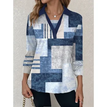 Women's T shirt Tee Color Block Daily Weekend Red Blue Green Print Long Sleeve Fashion V Neck Regular Fit Spring & Fall