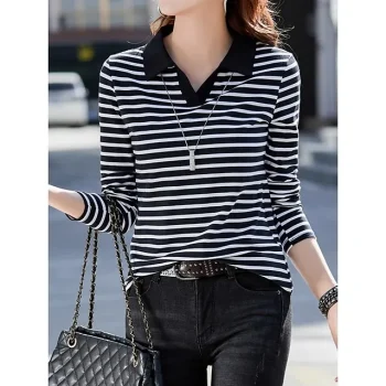 Women's Polo T shirt Tee Cotton Striped Daily Weekend Black Red Blue Print Long Sleeve Fashion Shirt Collar Regular Fit Fall & Winter