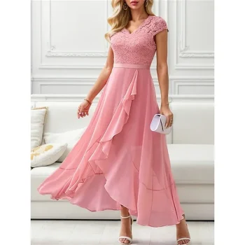 Women's Party Dress Lace Dress Cocktail Dress Midi Dress Black Pink Red Short Sleeve Plain Lace Summer Spring Fall V Neck Party Winter Dress Wedding Guest Birthday S M L XL