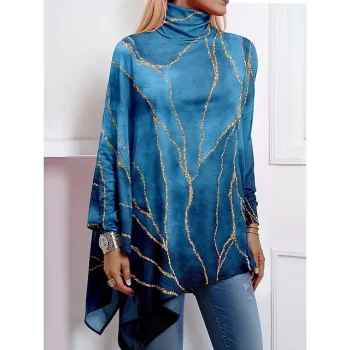 Women's Shirt Blouse Graphic Abstract Casual Black Pink Red Print Asymmetric Hem Long Sleeve Fashion High Neck Regular Fit Spring & Fall