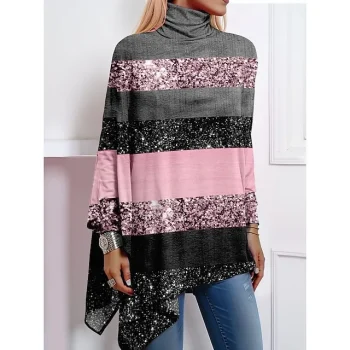 Women's Shirt Blouse Color Block Casual Pink Blue Green Print Asymmetric Hem Long Sleeve Fashion High Neck Regular Fit Spring & Fall
