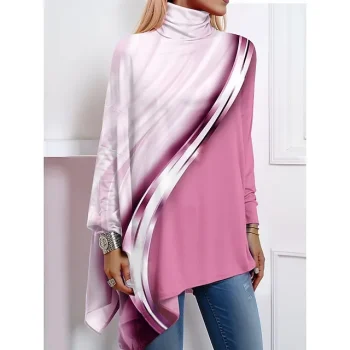 Women's Shirt Blouse Color Block Casual Holiday Pink Blue Orange Print Asymmetric Hem Long Sleeve Fashion High Neck Regular Fit Spring & Fall